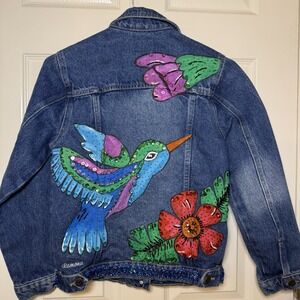 Ramona Hand Painted Embellished Denim Jean Jacket Womens Butterfly Hummingbird M